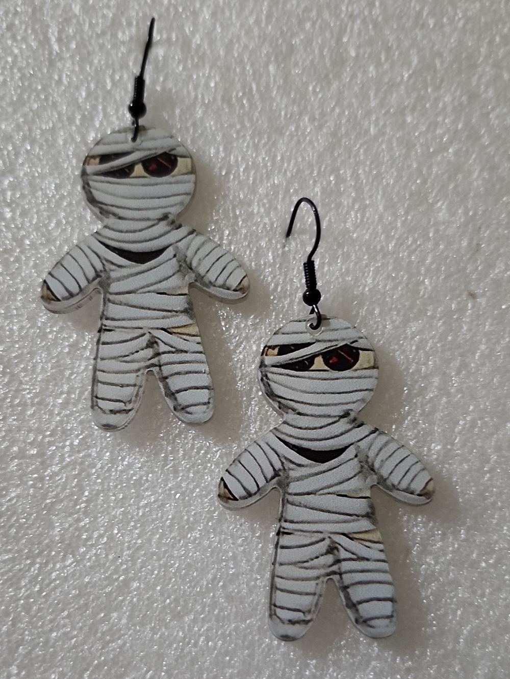 Hand Crafted White and Black Mummy Dangle Earrings with Red Eye Accents